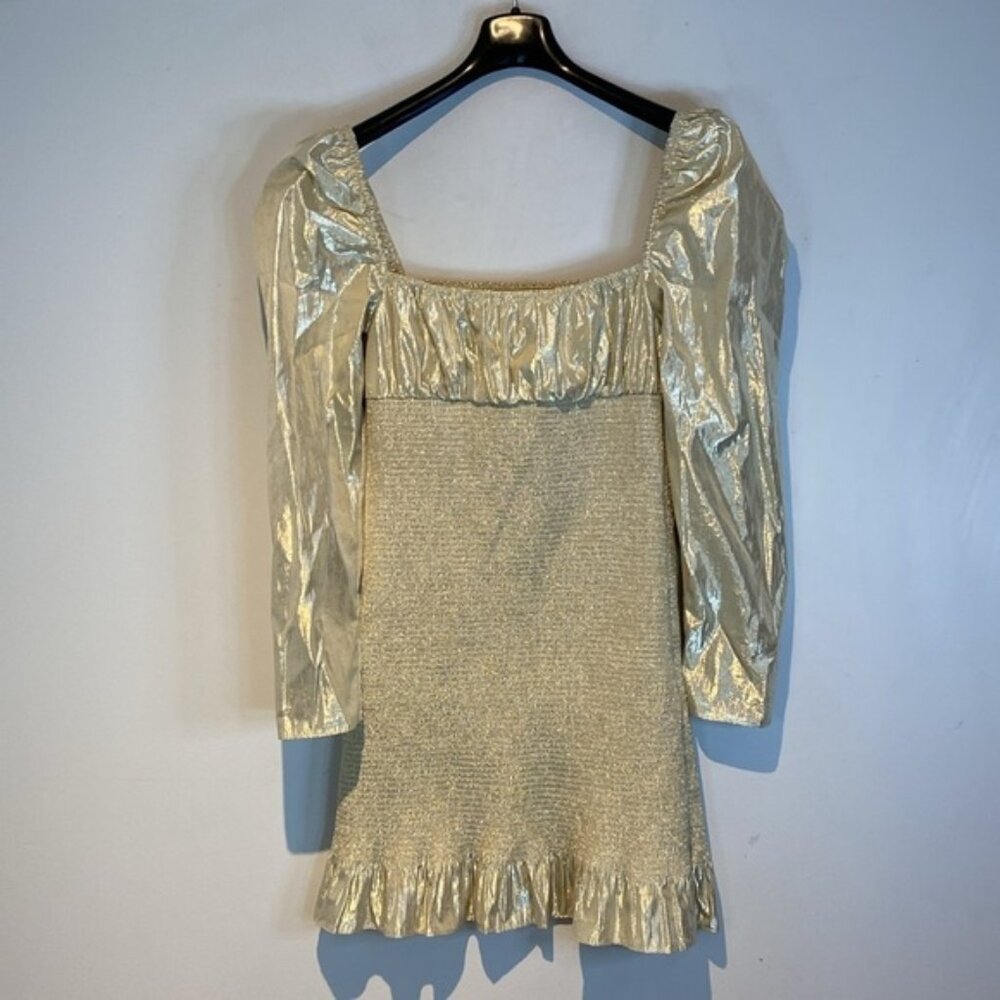 Wilfred ballad dress metallic gold puff sleeves smocked stretch bodycon size M